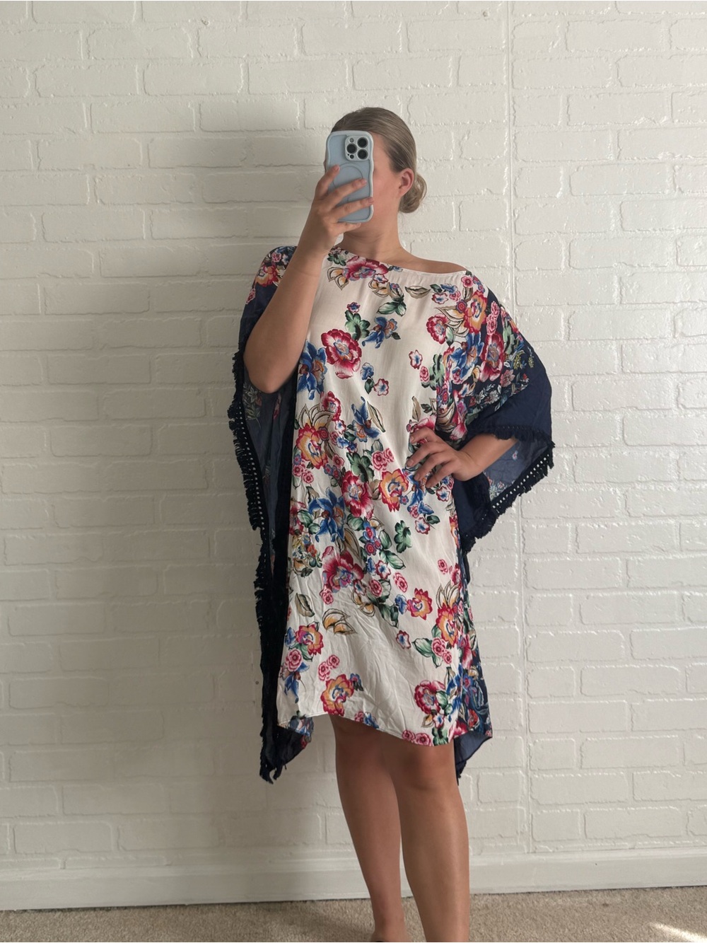 Johnny Was California Coverup Kaftan Fringe Hem in Navy White Floral